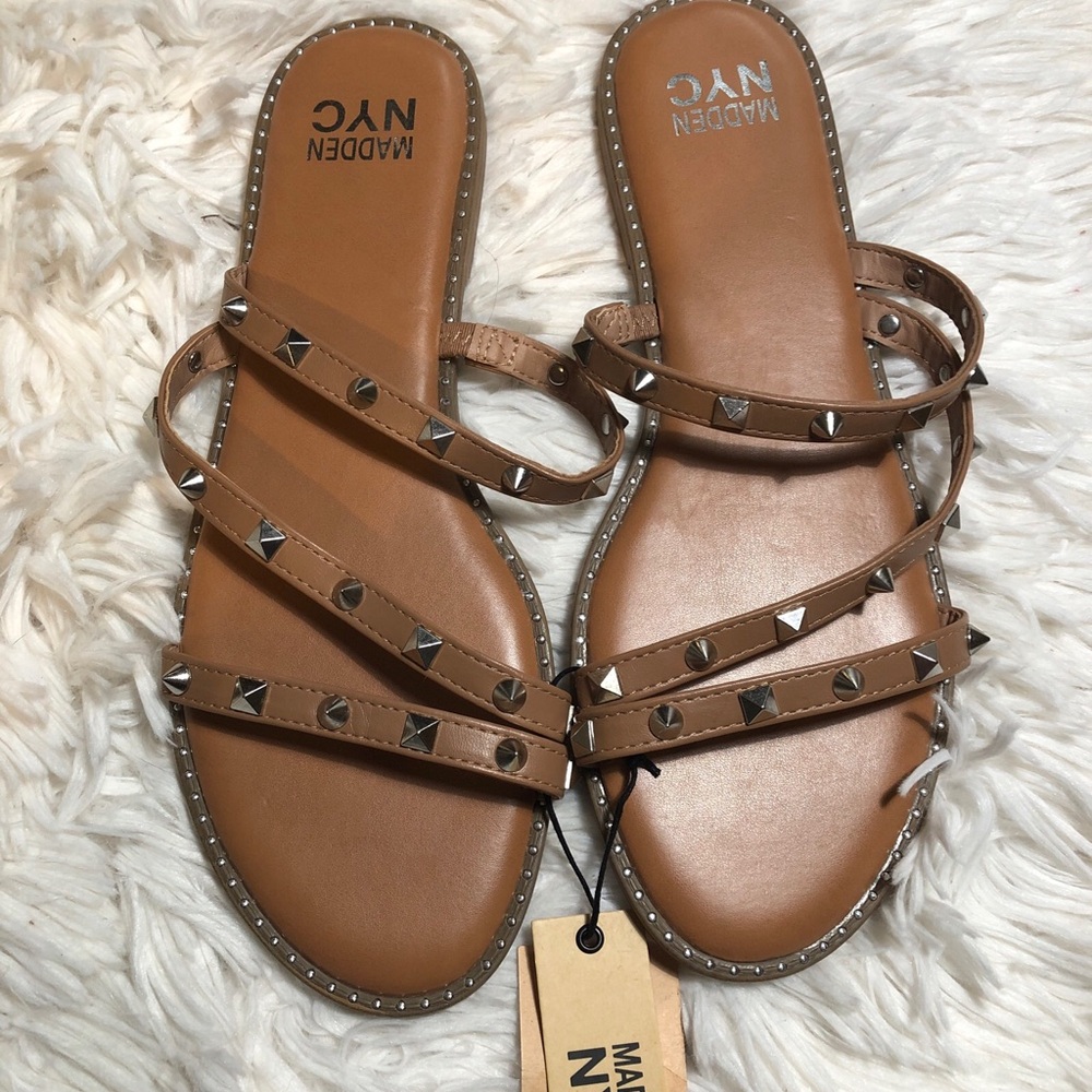 Women's Madden NYC Studded Strap Size 10 Sandals Slide-On Brown Silver Studs